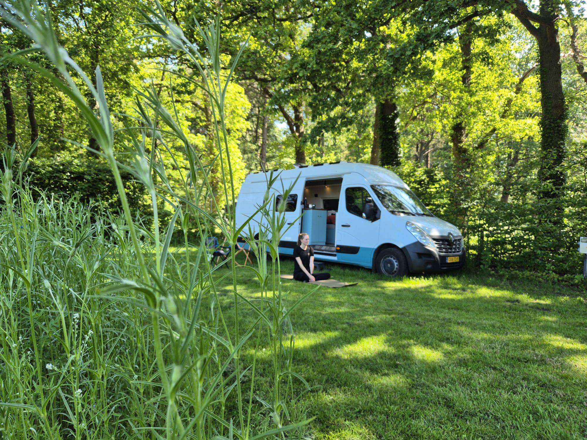White camper van parked in a sunlit forest clearing, with tall grasses in the foreground and a person sitting on the grass beside it.