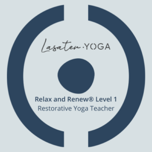 Logo for Lasater Yoga: circular emblem with a dark blue ring and center dot, text reads 'Lasater YOGA' and 'Relax and Renew Level 1 Restorative Yoga Teacher'