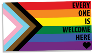 Rainbow Pride flag with bold left chevrons and the message 'EVERY ONE IS WELCOME HERE' with a small heart in the bottom-right.