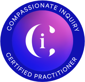 Circular certification badge with a blue rim and purple gradient center, reading 'COMPASSIONATE INQUIRY CERTIFIED PRACTITIONER' and a white information symbol in the middle.